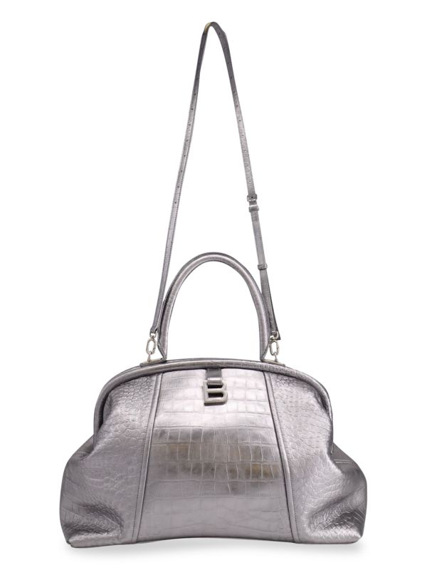 Balenciaga Balenciaga Croc-Embossed Editor Frame Handle Bag In Metallic Silver Calfskin Leather